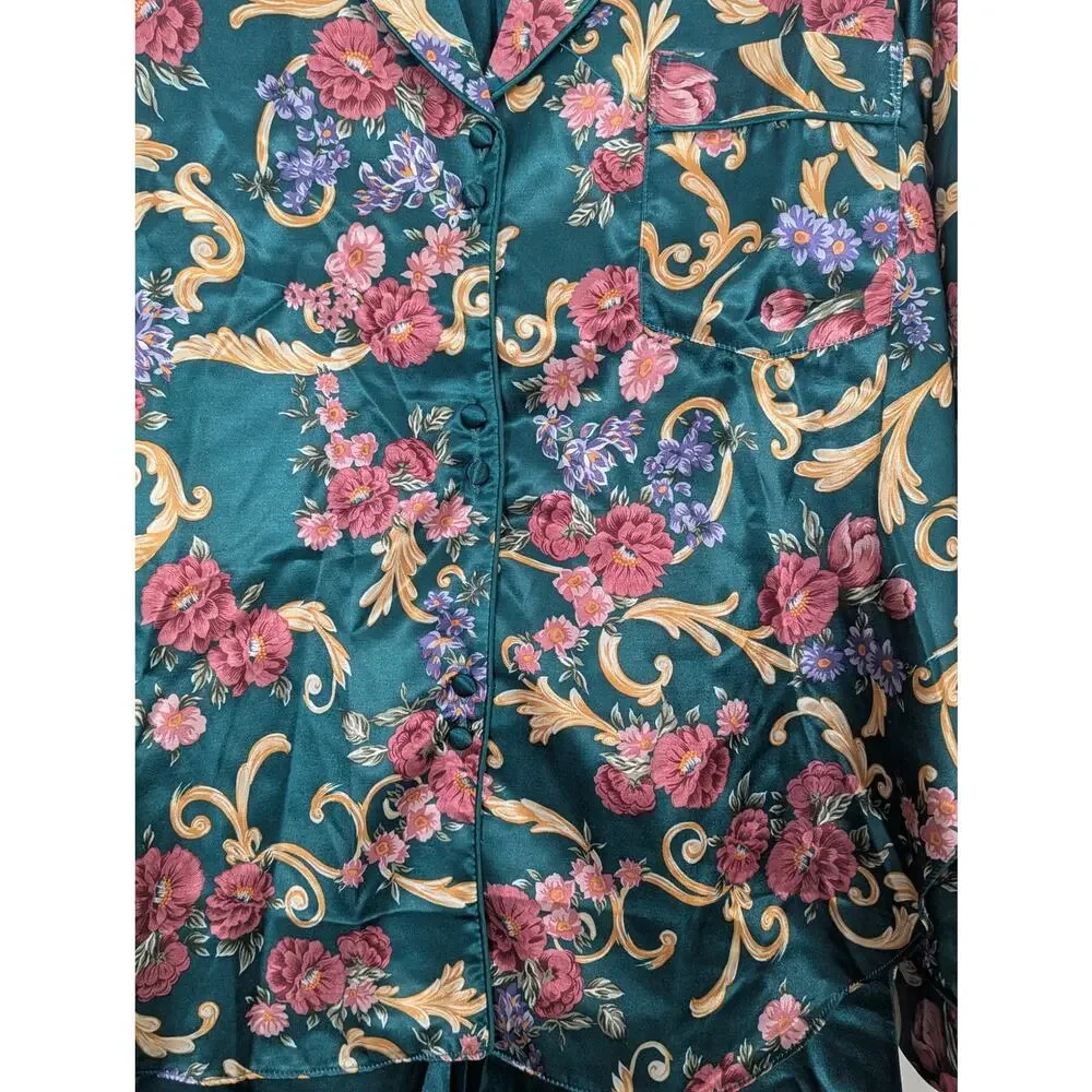 Chelsea's Collection women small green floral pajama set Vtg